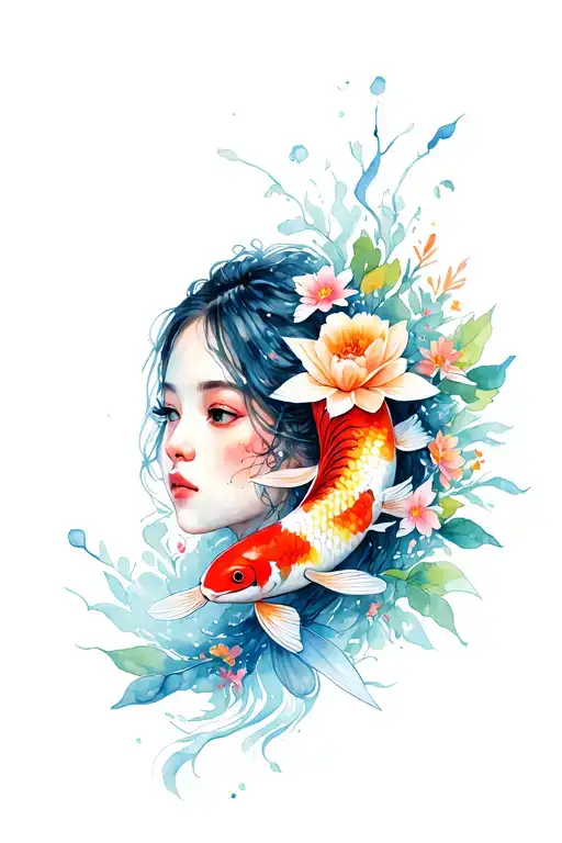 Flowers And Koi Fish Surrounding Girls Face