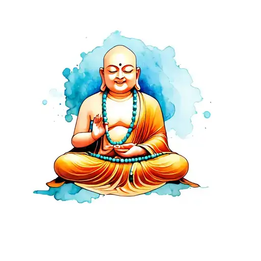 Bald Happy Buddha Sitting Holding Beaded Necklace With Turquoise As Main Color