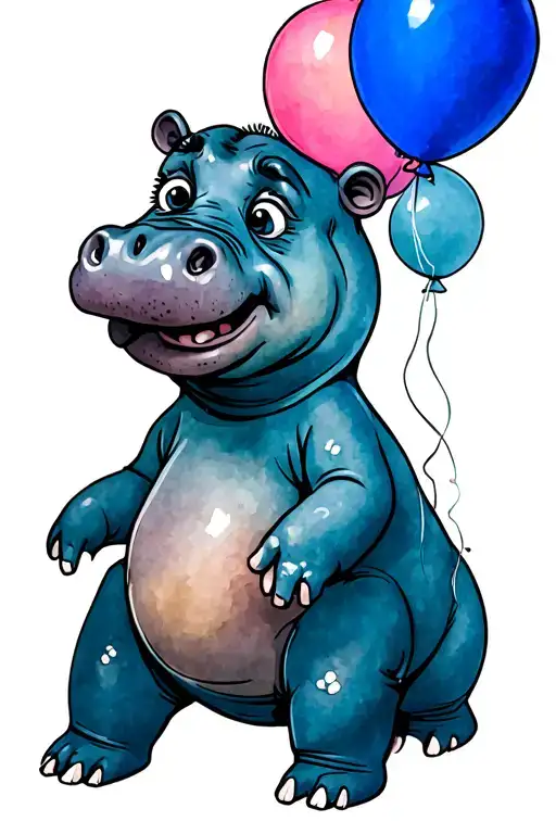 Mopey Like Grandma Hippo With Ballon In Mouth About To Pop In Color Cartoon Like