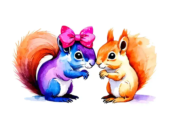 2 Squirrels With A Pink And Purple Hair Bow