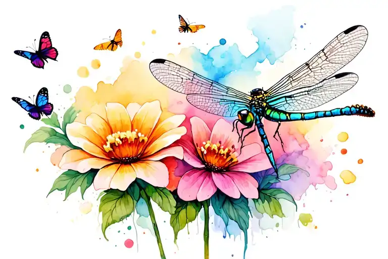 Flowers With 1 Dragonfly And 4 Butter Fly Coming