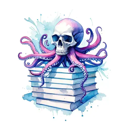 Pile Of Books With Skulls And Octopus Around