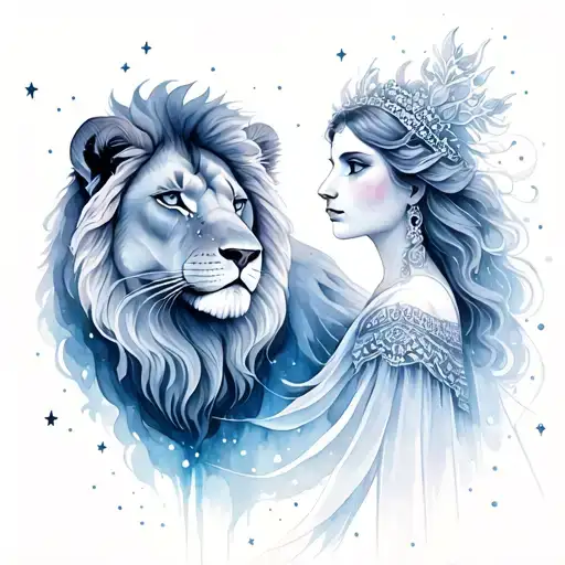 Virgo Goddess Facing Lion With Stars