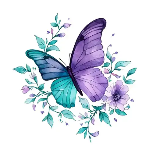 A Half Purple And Half Teal Butterfly With Vines And Flowers