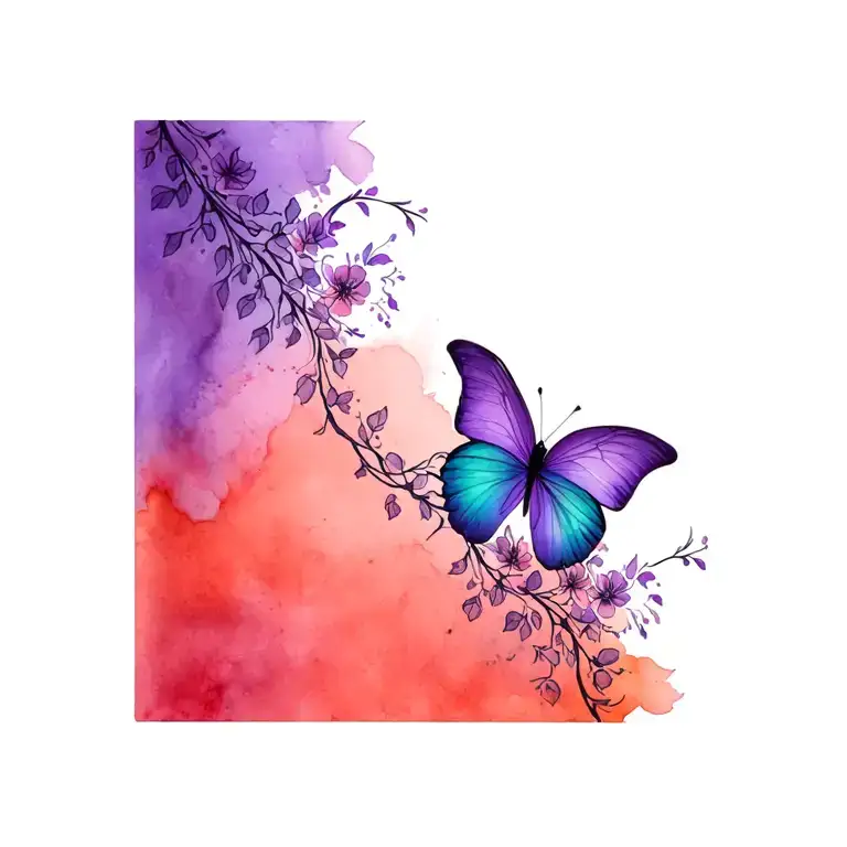 A Half Purple And Half Teal Butterfly With Vines And Flowers