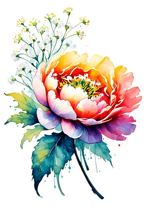 Frozen Fire Peony With Babies Breath