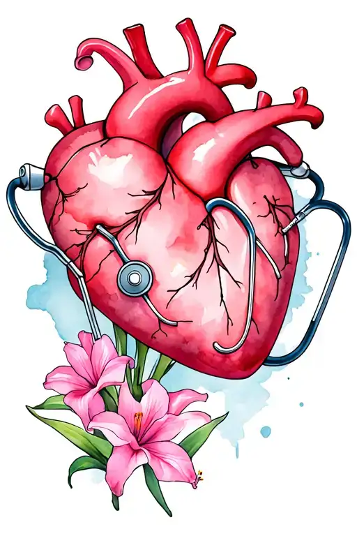 Fat Heart With Stethoscope A Gladiolus Flower An The Pink Breast Cancer Symbol