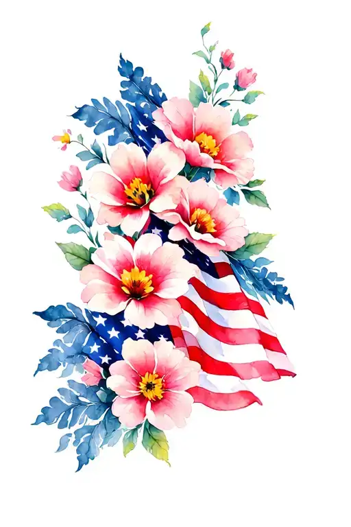 Flowers Intertwined American Flag Waving