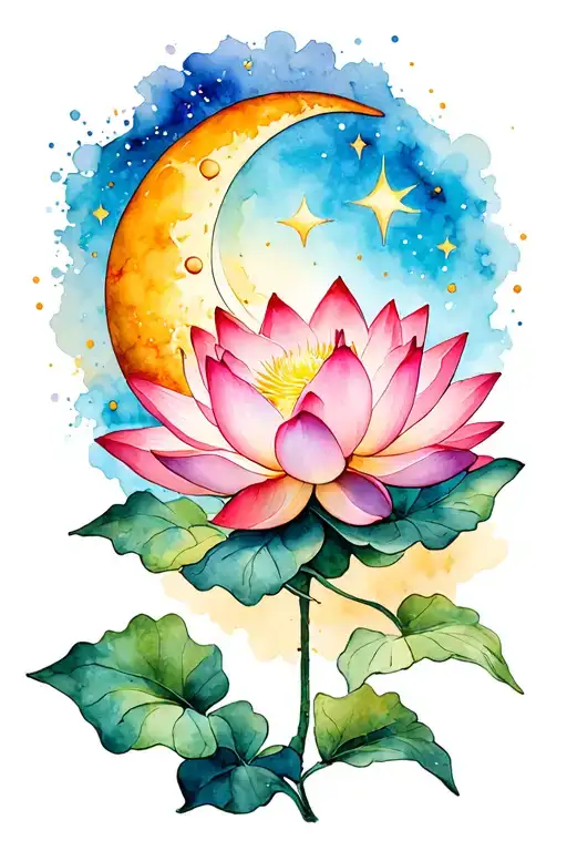 Lotus Flower Blooming With Sun Moon And Stars