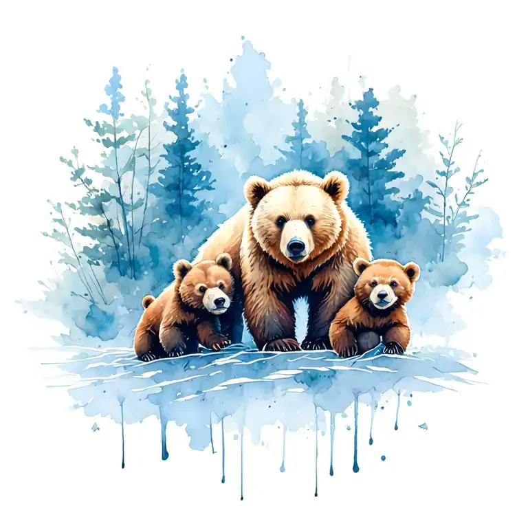 Bear With 3 Cubs Playing