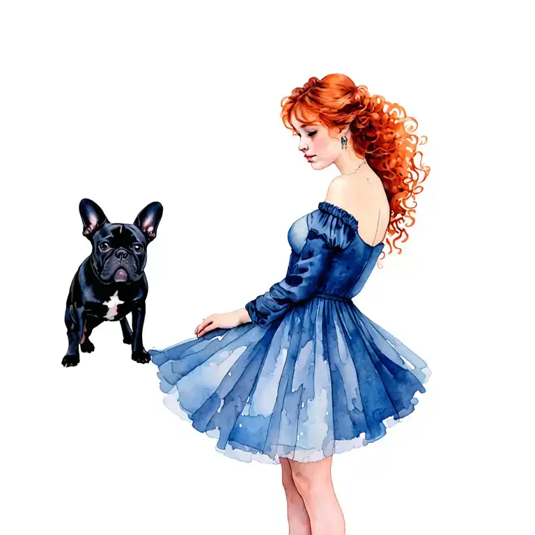 A Redhaired Young Woman Standing Next To A Little Black French Bulldog