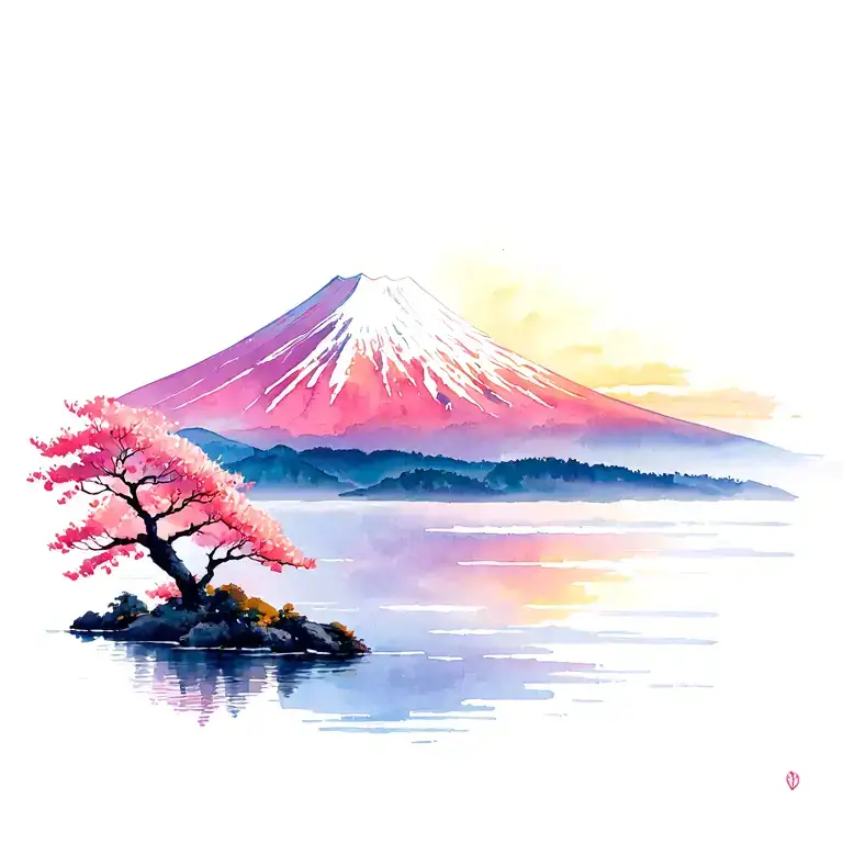Mount Fuji Sakura Trees Colors Sunset Over Lake