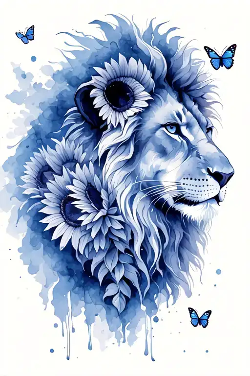 Lion With Sunflowers And Butterflies