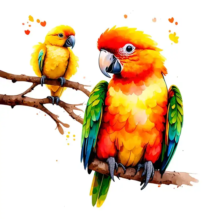 Mother Parrot With Chick Fine Line On Branch