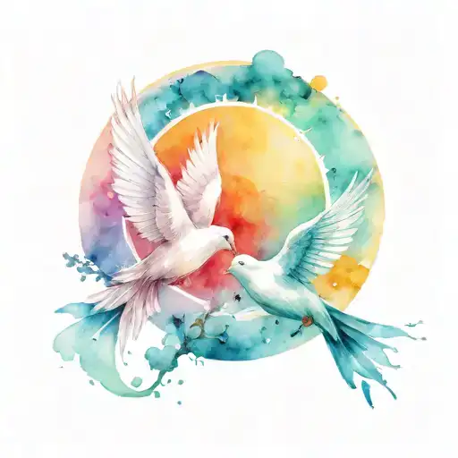 Doves Flying Under Sun With God Beams Shooting