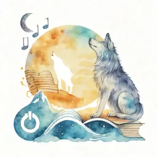 A Wolf Howling At The Moon While Surrounded By Music Notes And A Stack Of Books