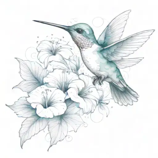Stylistic Modern Hummingbird With Multiple Hibiscus