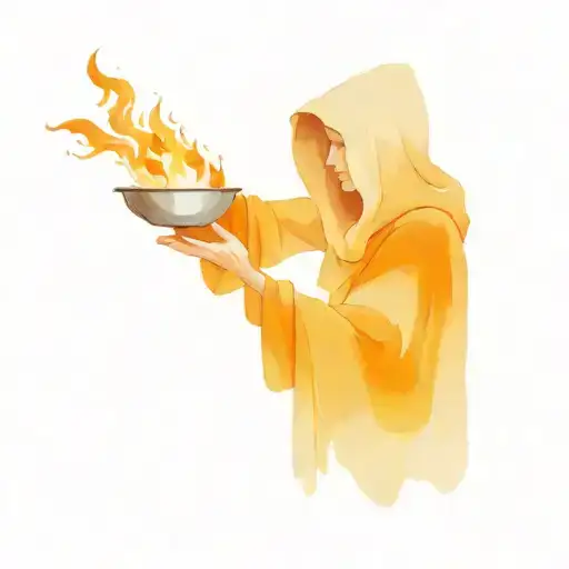 Hooded Old Woman Holding Fire In Cupped Hands
