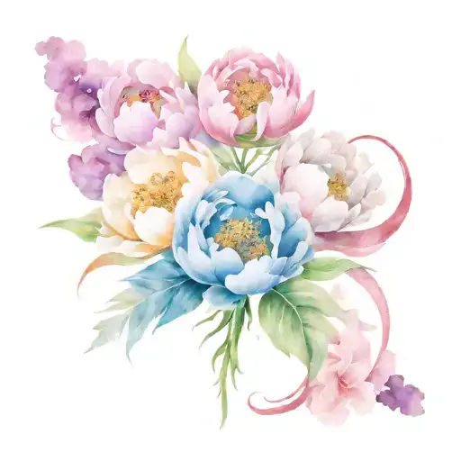 Watercolor Floral Bouquet With Peonies And A Negative Space Cross In The Center