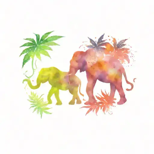 Elephant And Lion Surrounded By Tye Die Marijuana Leaves