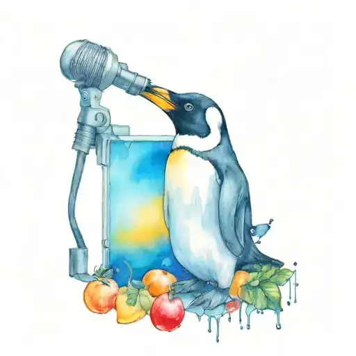 Mini Penguin Infront Of Standing White Mic With Cherries And Oranges