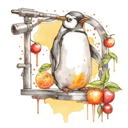 Cute Penguin Infront Of Standing White Mic With Cherries And Oranges