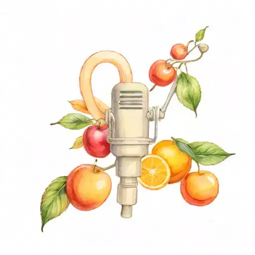 Cute And Mini Design Of Cherries And Oranges Intertwined With A White Standing Microphone