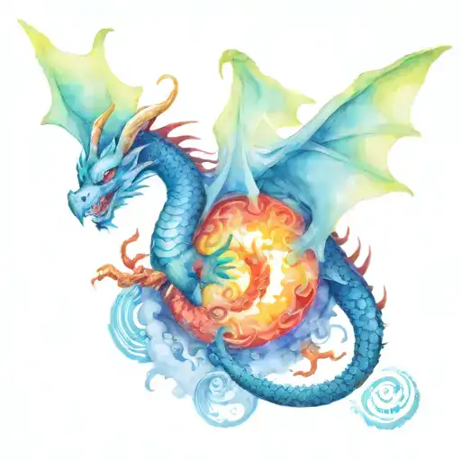 A Flying Dragon Surrounded By Blue Watercolor Designs