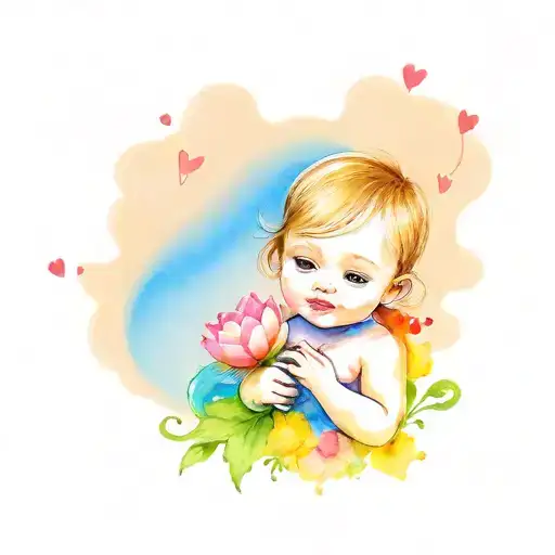 Simple Drawing Baby Girl With Flowers And Hearts
