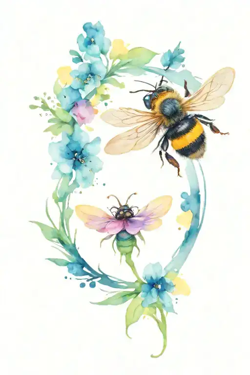 Bee Flying Flowers Watercolor Style