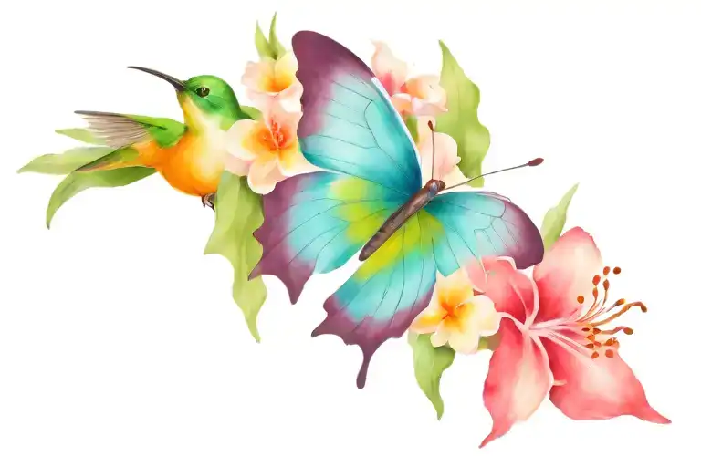 Shoulder Tattoo Hawaiian Flower Butterfly And Colibri