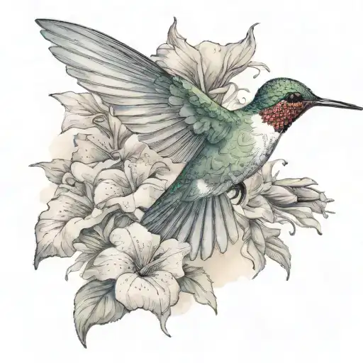 Hummingbird In Flight Near Petunias