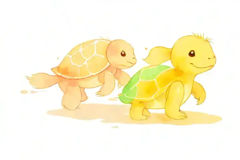 Minimalist Baby Turtle And Baby Bear Looking At Each Other