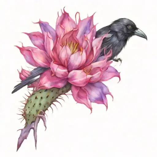 Purple Flowering Cactus And Raven