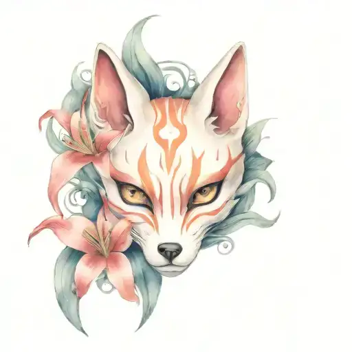Kitsune Mask Surrounded By Spider Lily Flowers Blooming