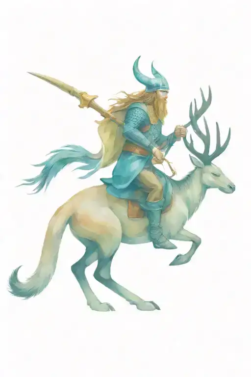 Viking With Horn Helmet Riding A Kangaroo With A Magpie On Left Shoulder And Crow On Right Shoulder