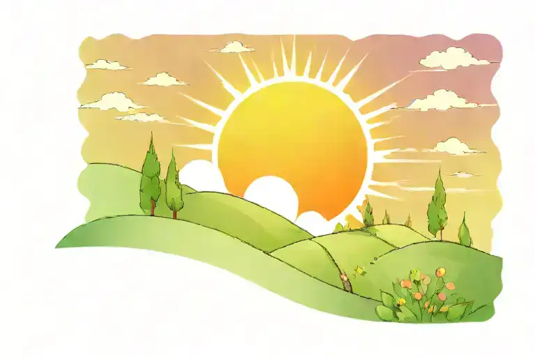 Landscape Sun Purple Sky And Green Hill Cartoon