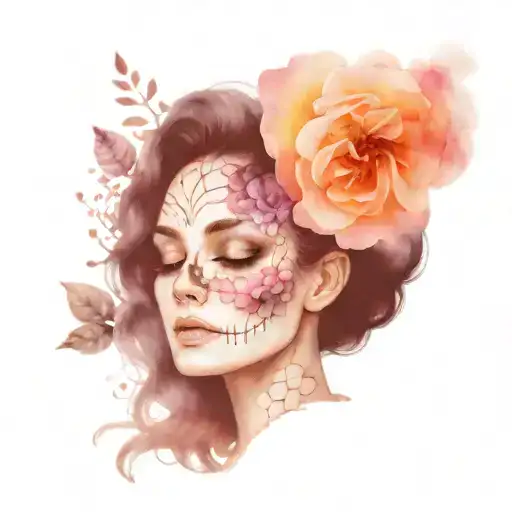 Woman With Half Skeleton Face Flowers A Galaxy Background Lace And Pearls