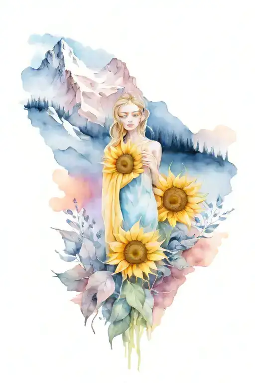 Lady Made Of Snow On The Mountain With Sunflowers Growing In A Valley Below