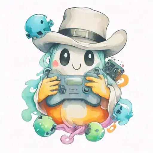 Cute Little Ghost Holding A Game Controller Wearing A Cowboy Hat