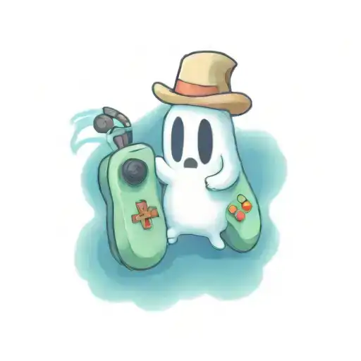 Cute Simple Little Ghost Holding A Game Controller Wearing A Cowboy Hat