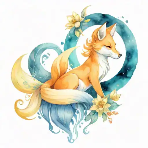 Moon Sun Girl With Fox And Lotus