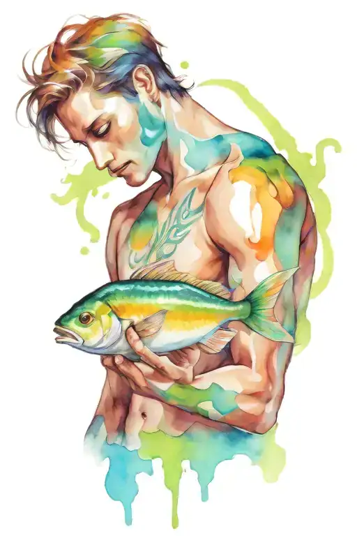 Tattoo With Green Blue Aquarius Man With Fish Swimming