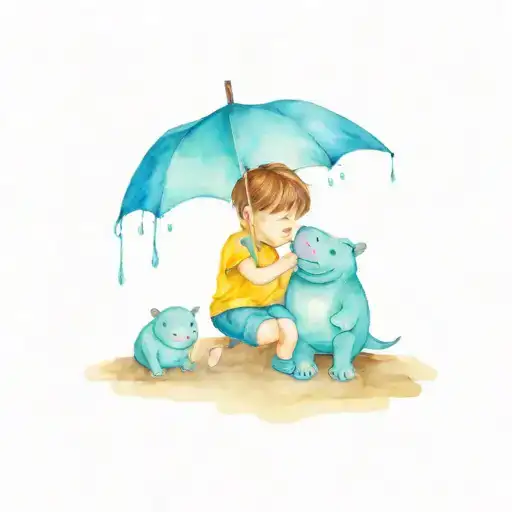 Little Boy Crouching While Holding An Umbrella And A Hippo Stuffed Animal