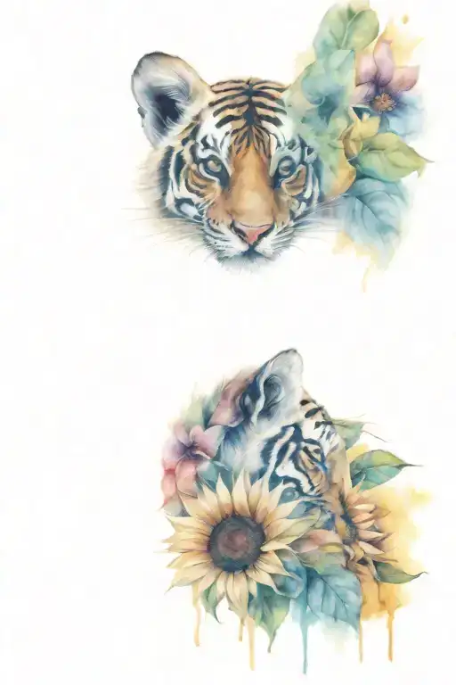 Tiger Cub Face Behind Sunflowers