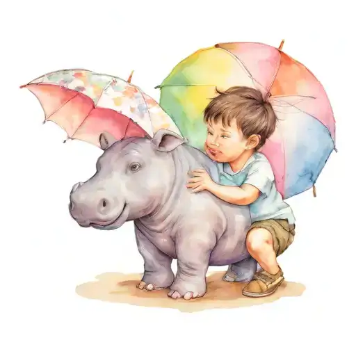 Little Boy Crouching While Holding An Umbrella And A Hippo Stuffed Animal