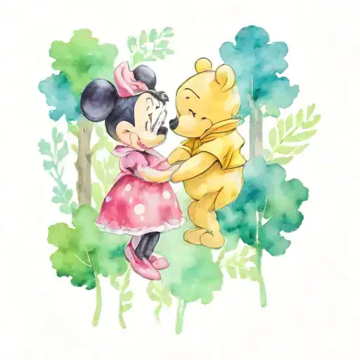 A Watercolor Portrait Of Minnie Mouse And Winnie The Pooh Holding Hands In A Serene Forest Setting