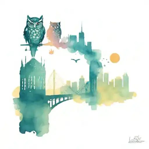 Lighting Bug And An Owl Together In The City Skyline In The Background