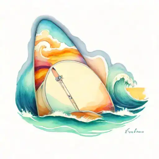 Surfboard And Waves Crashing In The Background