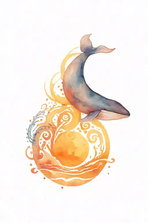 Waves With Moon In Center With A Whale And Music Notes Intertwined